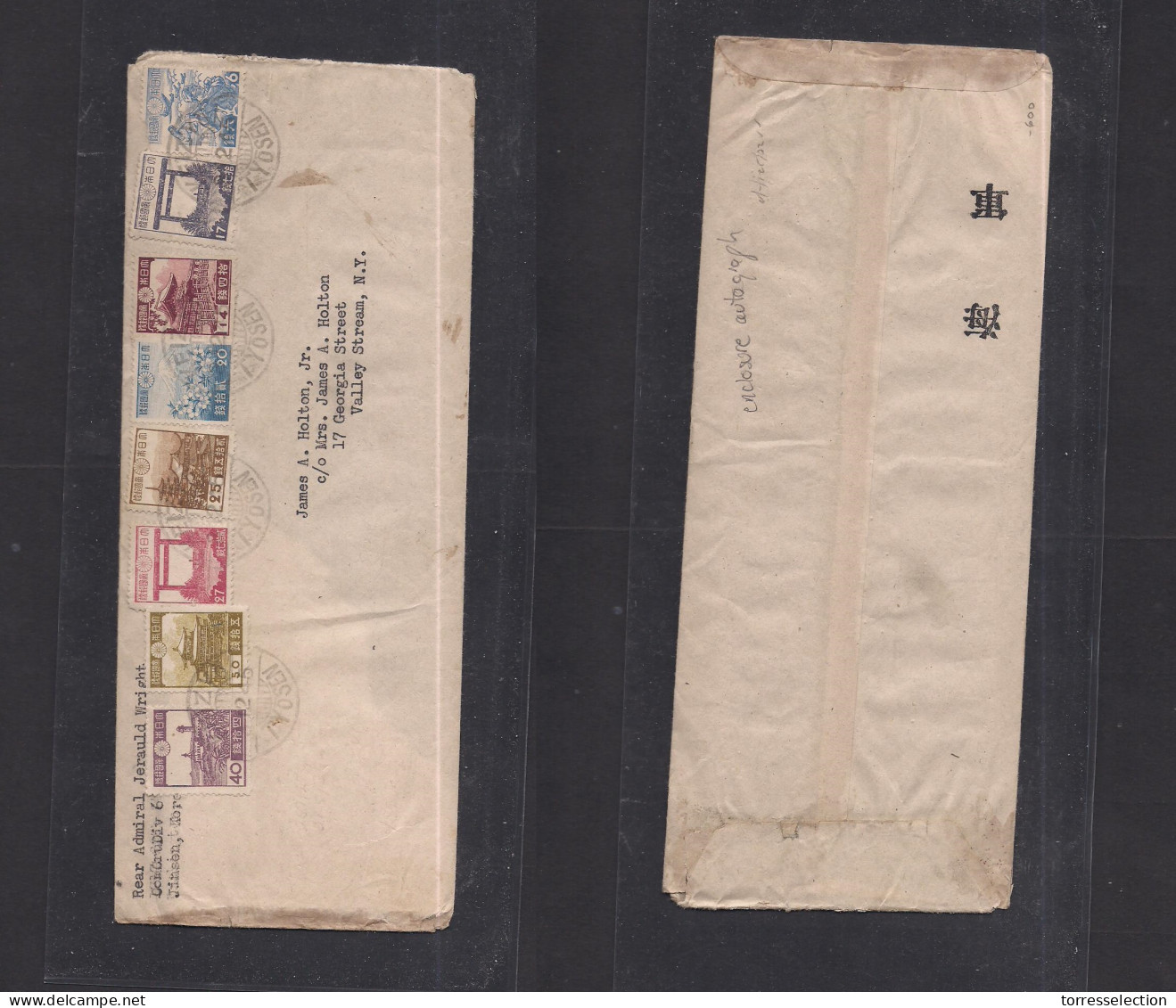 KOREA. 1945 (11 Dec) Jinsen - USA, NY, Valley Stream 199 Sen Multifkd Envelope With Contains By Rear Admiral Jerauld Wri - Korea (...-1945)