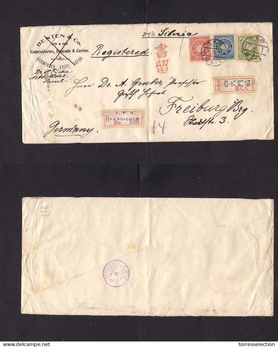 KOREA. 1909 (1 June) Seoul - Germany, Freiburg. Registered Tricolor Koban Issue Multifkd Envelope Via Chang Chun IJPO (5 - Corea (...-1945)