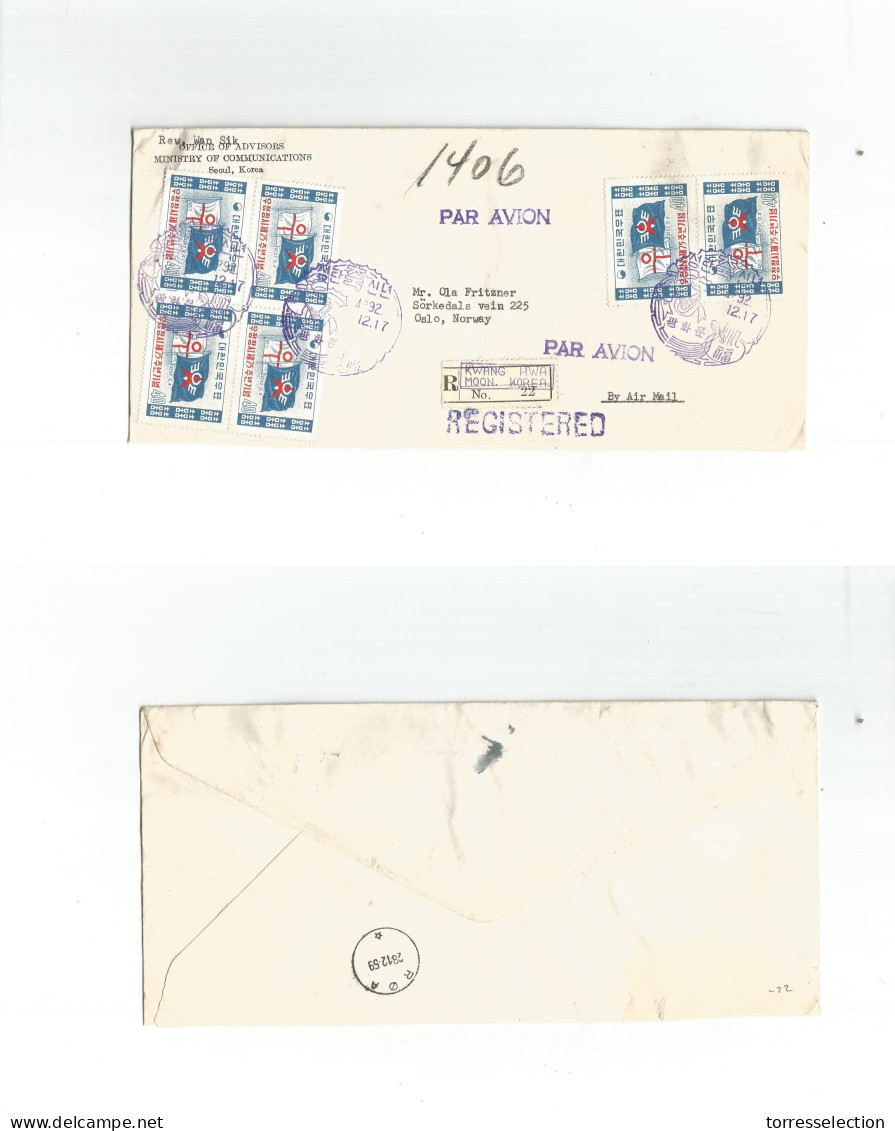 KOREA. 1959 (1 Dec) Seoul - Norway, Oslo (28 Dec) Registered Air Multifkd Comm Cachet Envelope. VF. - Korea (...-1945)