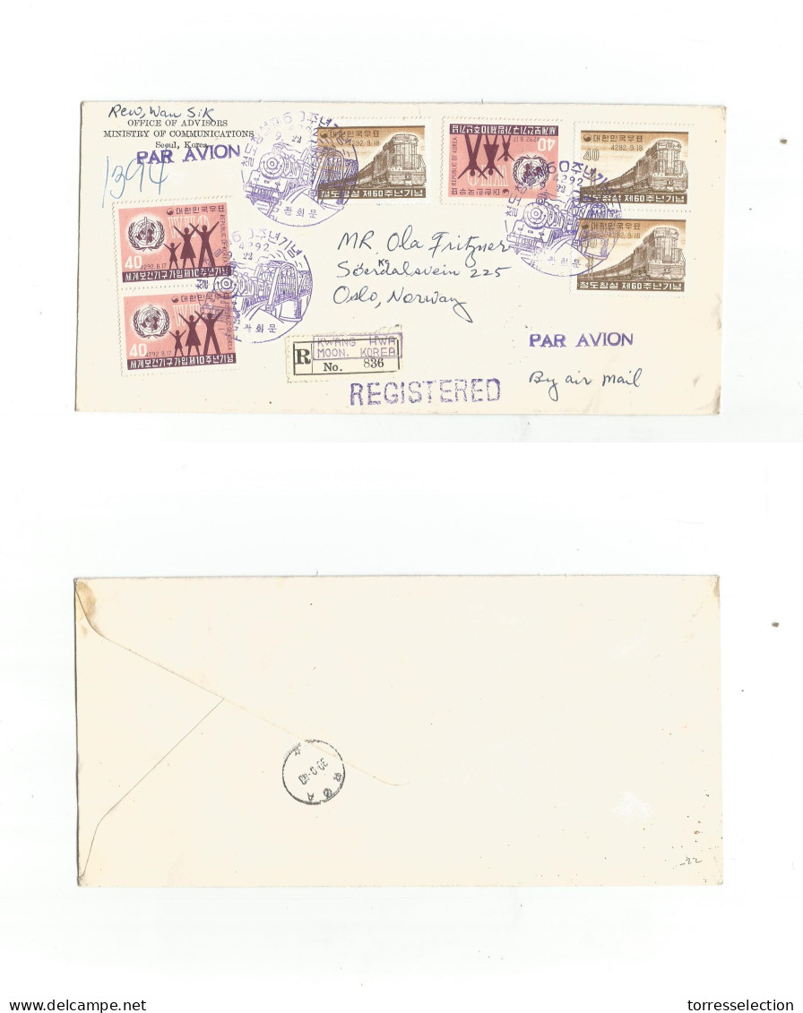 KOREA. 1959 (22 Sept) UNESCO. Serul - Norway, Oslo (30 Sept) Registered Air Multifkd Comm Cachet Envelope. VF + Dest. - Corea (...-1945)
