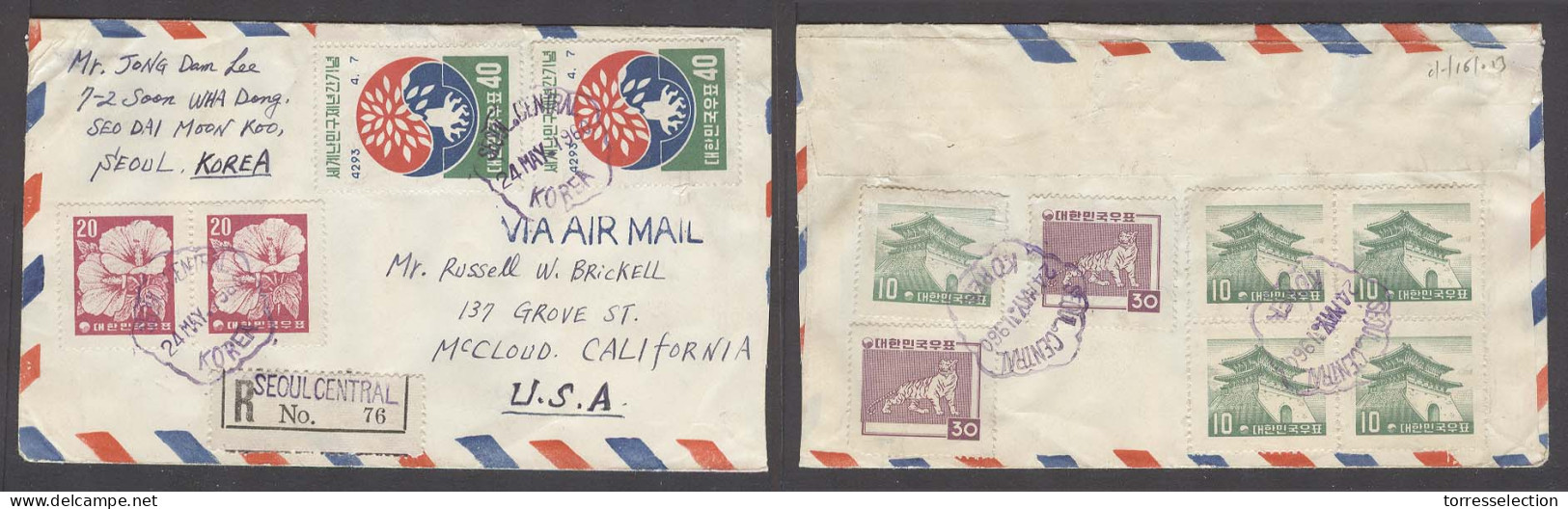 KOREA. 1960 (24 May). Seoul - USA. Airmail Reg Multifkd Front And Reverse 230m Rate. Would Refugee Year. VF. - Corea (...-1945)