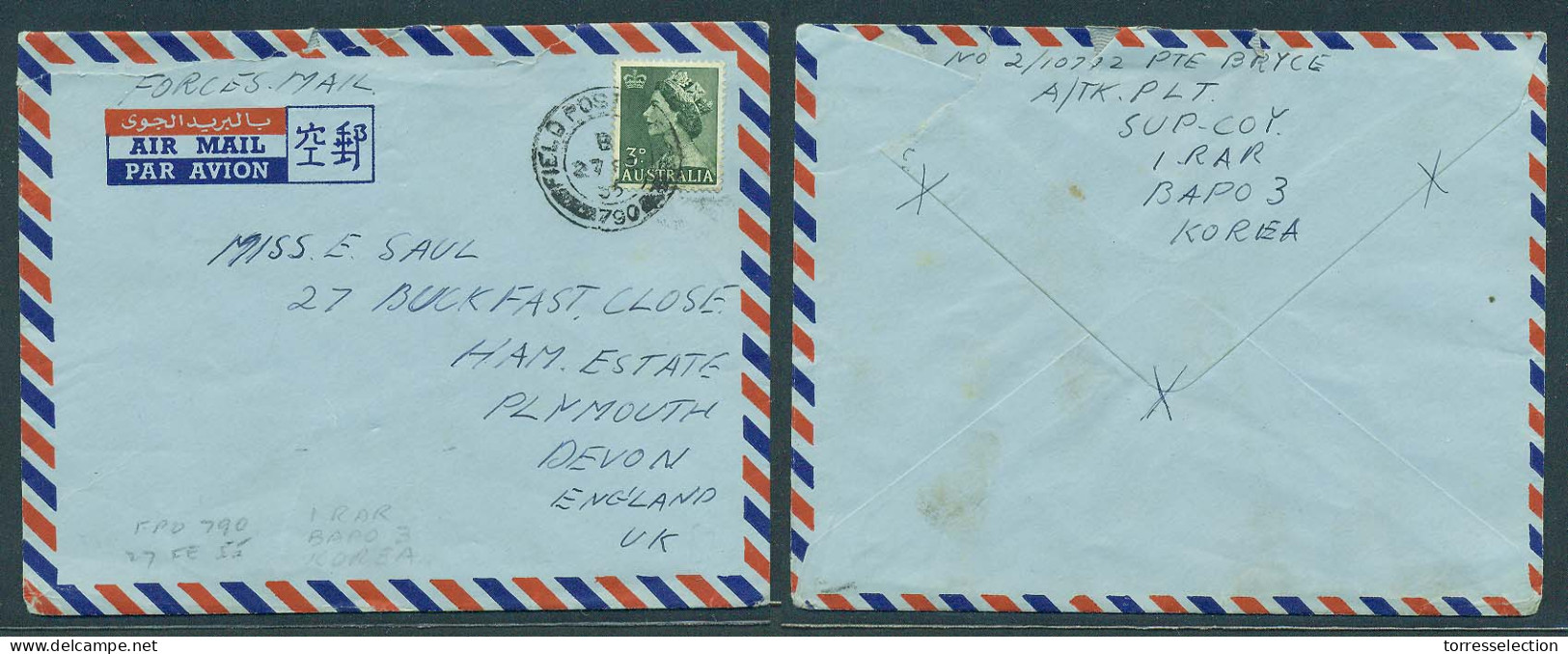 KOREA. 1955 (27 Feb). Australian Forces. Field PO 790 Air Fkd Env To UK / Devon. Irar / Bapo 3$ Addressed To Third Count - Corée (...-1945)