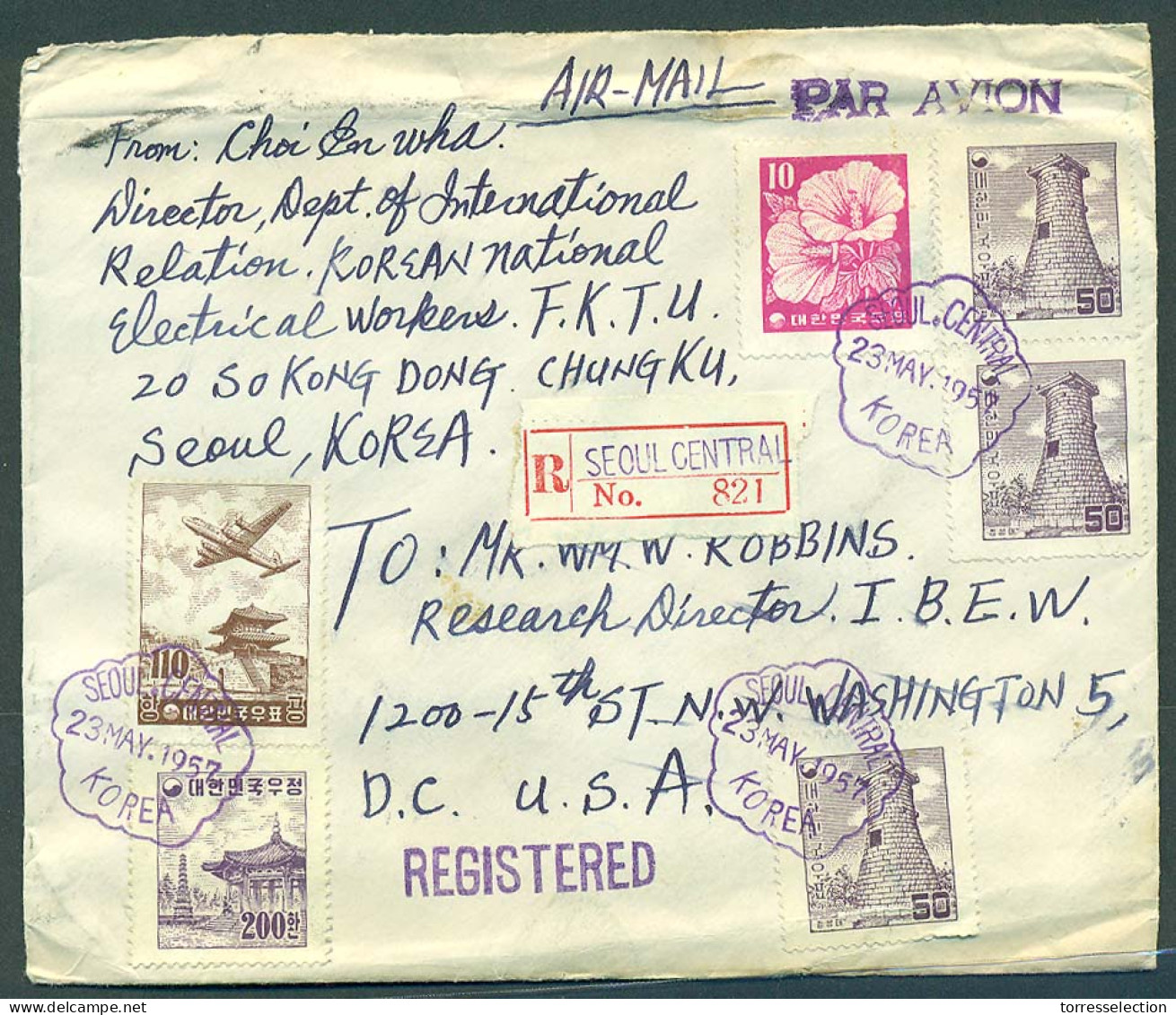 KOREA. 1957 (23 May). Seoul - USA / Washington (21 May). Reg Air Multifkd Env 2 Days Delivery Service. V Nice Cond. - Corée (...-1945)