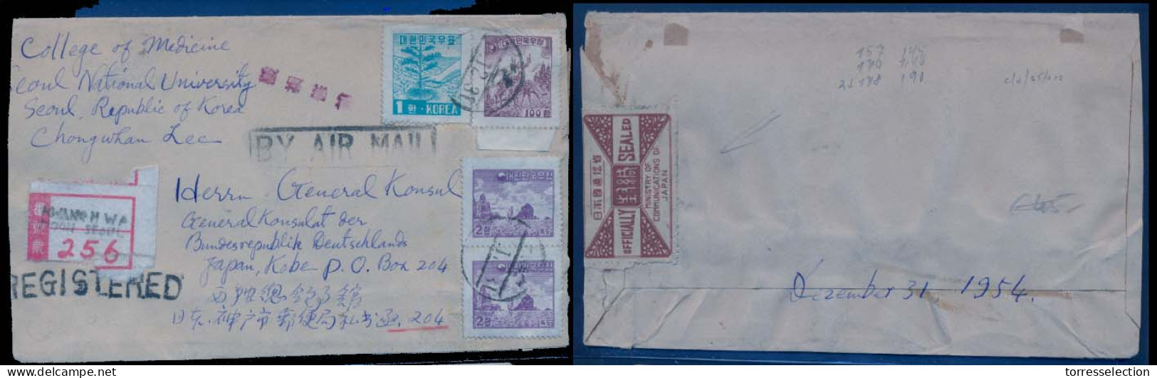 KOREA. 1954 (31 Dec). Kwanohwa Moon Seoul - Japan / Kobe. Reg Air Multifkd Env + Opened At Reverse / Sealed By Ministry  - Corea (...-1945)