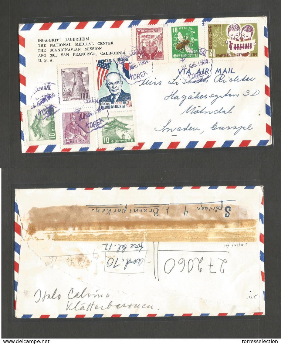 KOREA. 1960 (22 Aug) Seoul - Sweden, Malmo. Air Multifkd Env. Very Nice Card + Flags. - Corea (...-1945)