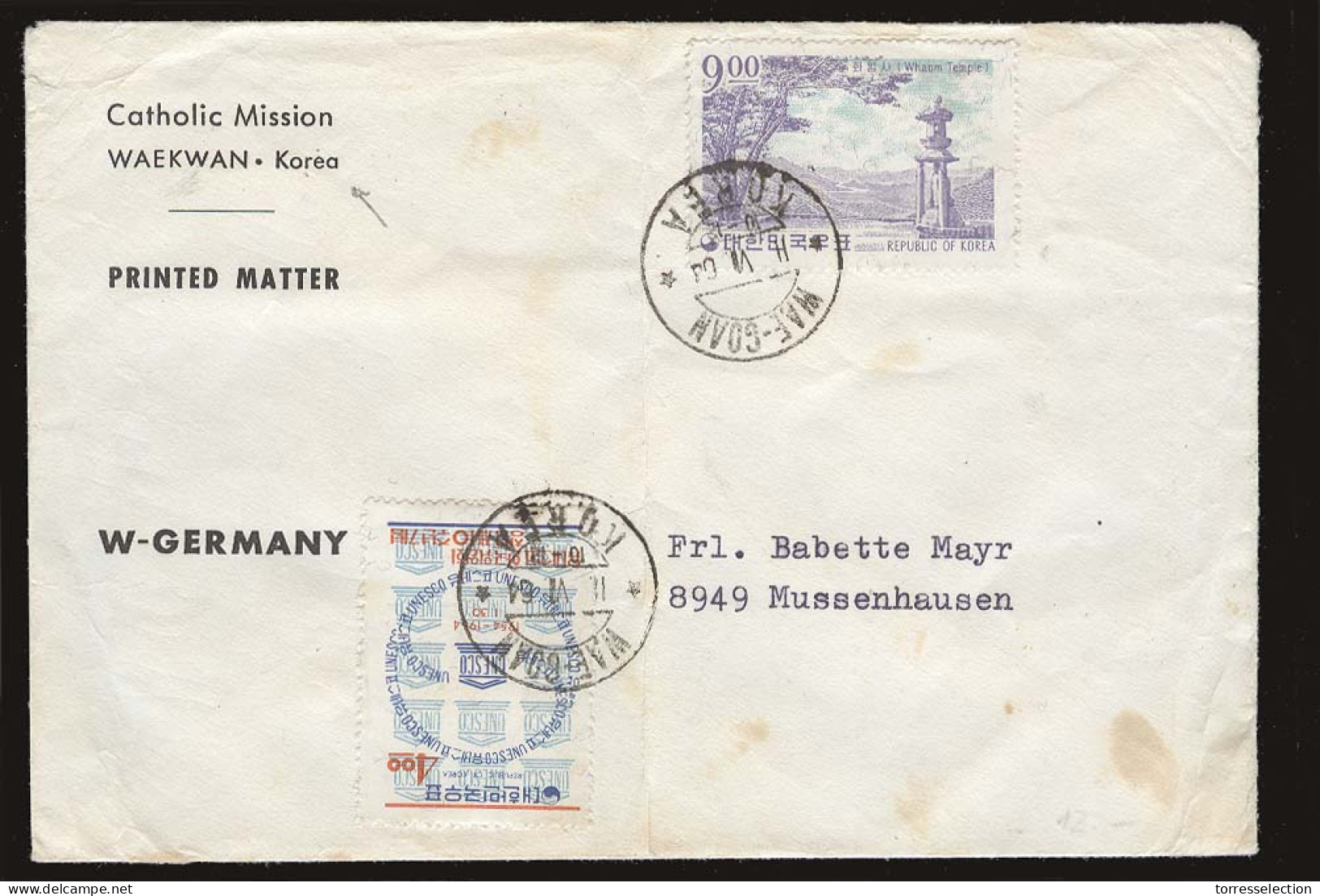 KOREA. 1964 (11 June). Waekwan - Germany. Missionary Env Unesco Fkd / Cds Fine. PM Rate. - Korea (...-1945)