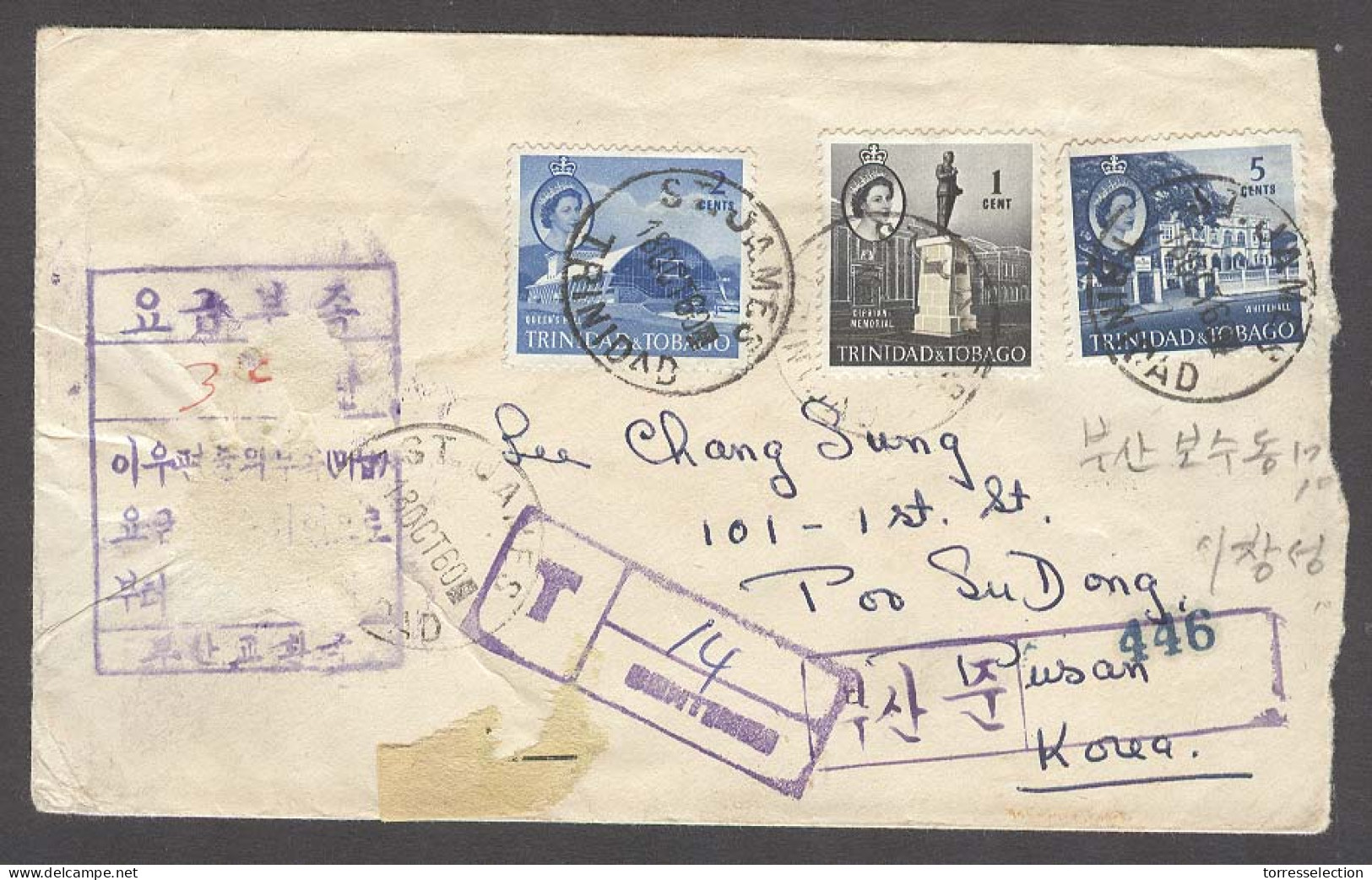 KOREA. 1960 (18 Oct). British Commonwealth / Trinidad & Tobago - Pusan. Fkd Env + Taxed + Korean Tax Marks. Reverse 30 N - Corea (...-1945)