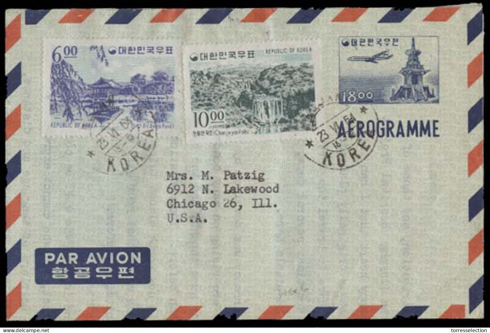 KOREA. 1964 (23 June). Pusan - USA. 18m Stat Air Letter Sheet + 2 Adtls. Fine. - Korea (...-1945)