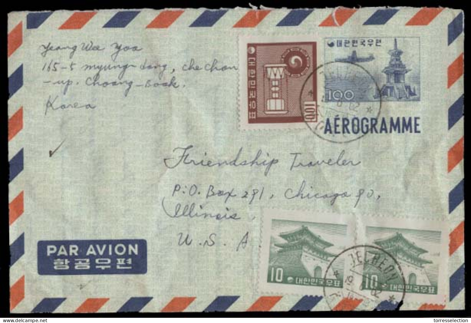 KOREA. 1962 (19 June). Techeon - USA. 100m Stat Air Lettersheet + 3 Adtls Stamps. VF. - Corée (...-1945)