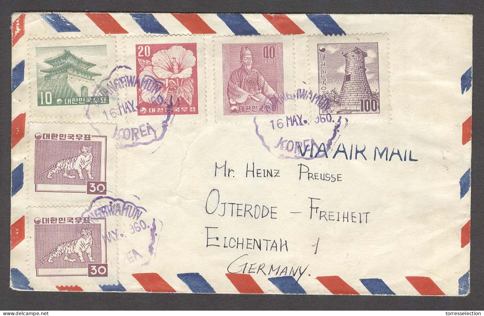 KOREA. 1960 (16 May). Kwanghwamun - Germany. Air Multifkd Env. Violet Cachet. VF. - Corée (...-1945)