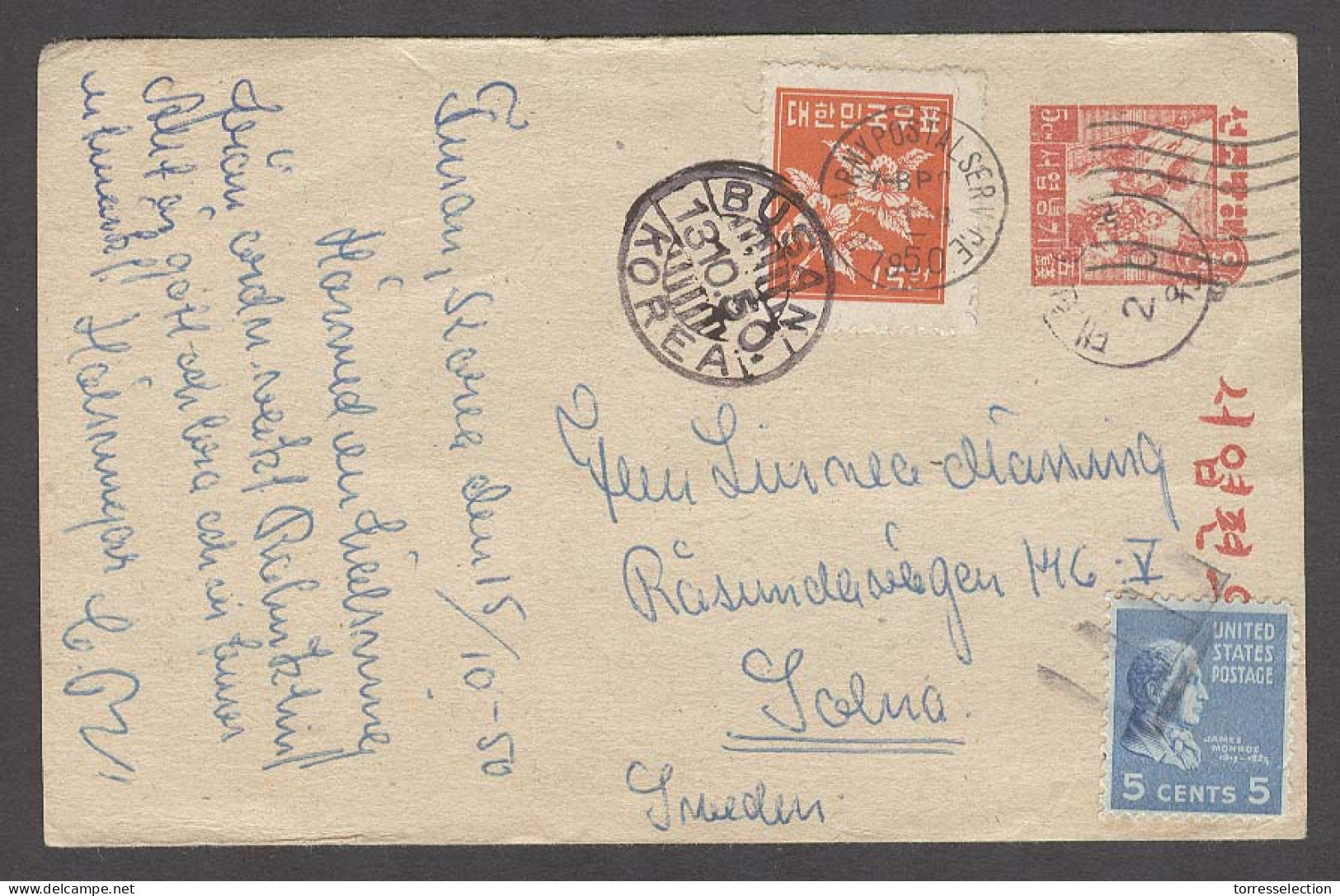 KOREA. 1950 (13 / 15 Oct). Busan - Sweden. 5cm Red Stat Card + Adtl, Cancelled But Carried Via US Army Postal Service (1 - Corea (...-1945)