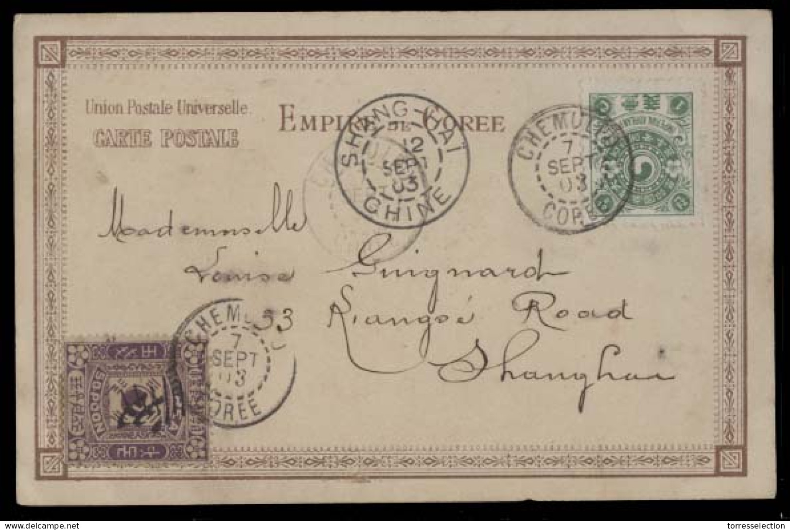 KOREA. 1903 (7 Sept). Chemulpo - China / Shanghai (12 Sept). Early Viewcard Fkd Mixed 1ch Green + 3 Ch On 50p Lilac (Yv  - Corée (...-1945)