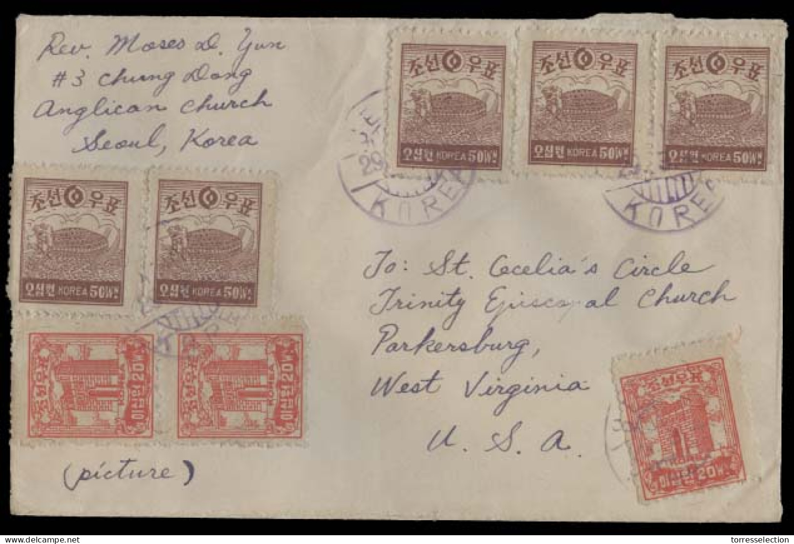 KOREA. 1949 (29 March). Seoul - USA. Missionary Multiovptd Env. XF. - Corée (...-1945)