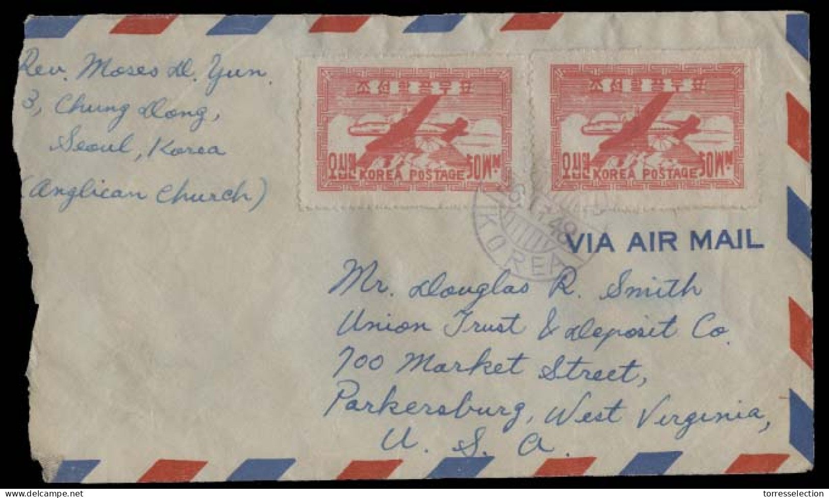 KOREA. 1948 (26 Nov). Seoul - USA. Air Fkd Env. Fine. - Corée (...-1945)