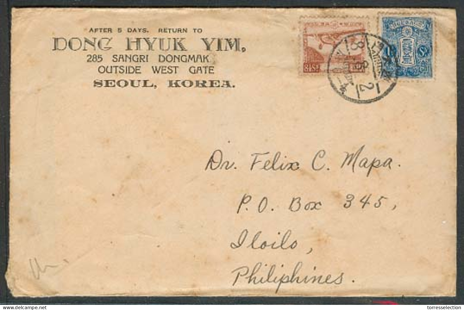 KOREA. 1933 (2 Aug). Seoul - Philippines. Air Fkd Env / Japanese Period + Special Air Stamp. Printed Env + Contains. - Corée (...-1945)