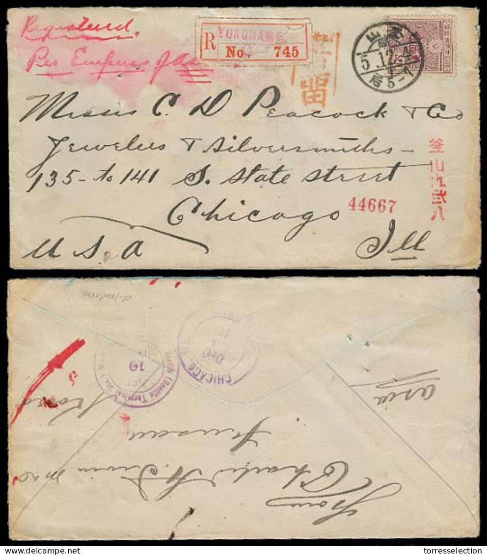 KOREA. 1910. Fusan - USA. Registered Env Fkd 20s + Reg Label "per Empress Of Japan". VF. - Korea (...-1945)