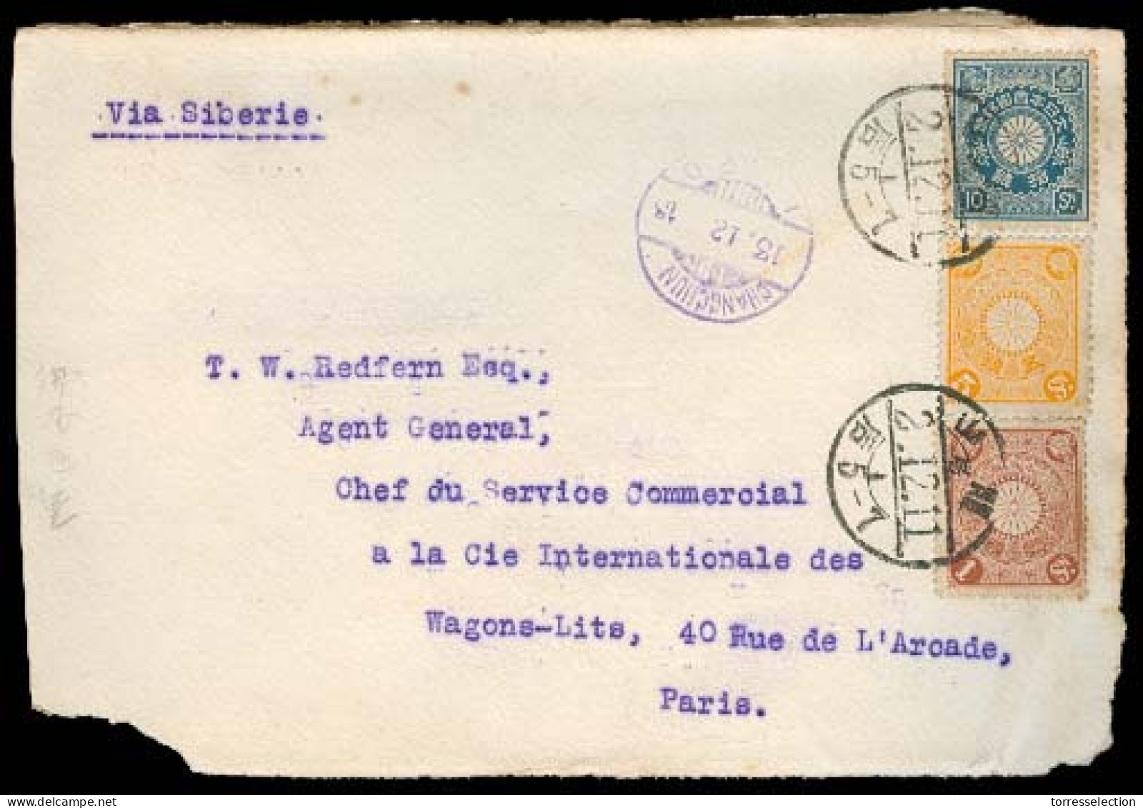 KOREA. 1913. Japanese P.O. Fusan - France. Tricolor Chryssntem Issue Cover Front / Cds. Ka Changchun / IJPO. Great Appea - Corea (...-1945)