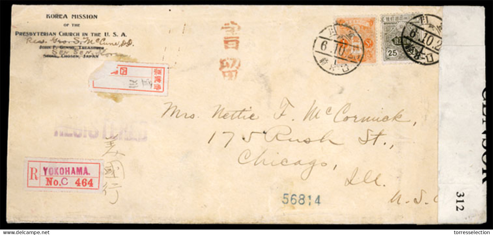 KOREA. 1917. Sensen To USA. Registered Frkd. (2st) Including Japan 25 Sen Envelope. WWI US Censorship + Labels. VF. - Corée (...-1945)