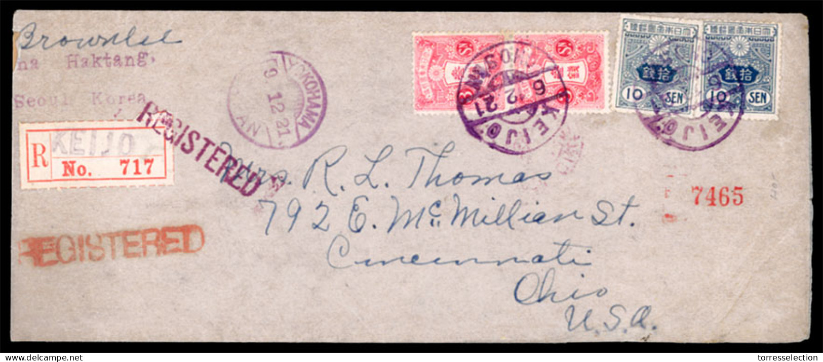 KOREA. 1921. Seoul To USA. Registered Envelope Frkd. Japan 3sen + 10sen (x2 Each). Tied Blue Cds. XF. - Corea (...-1945)