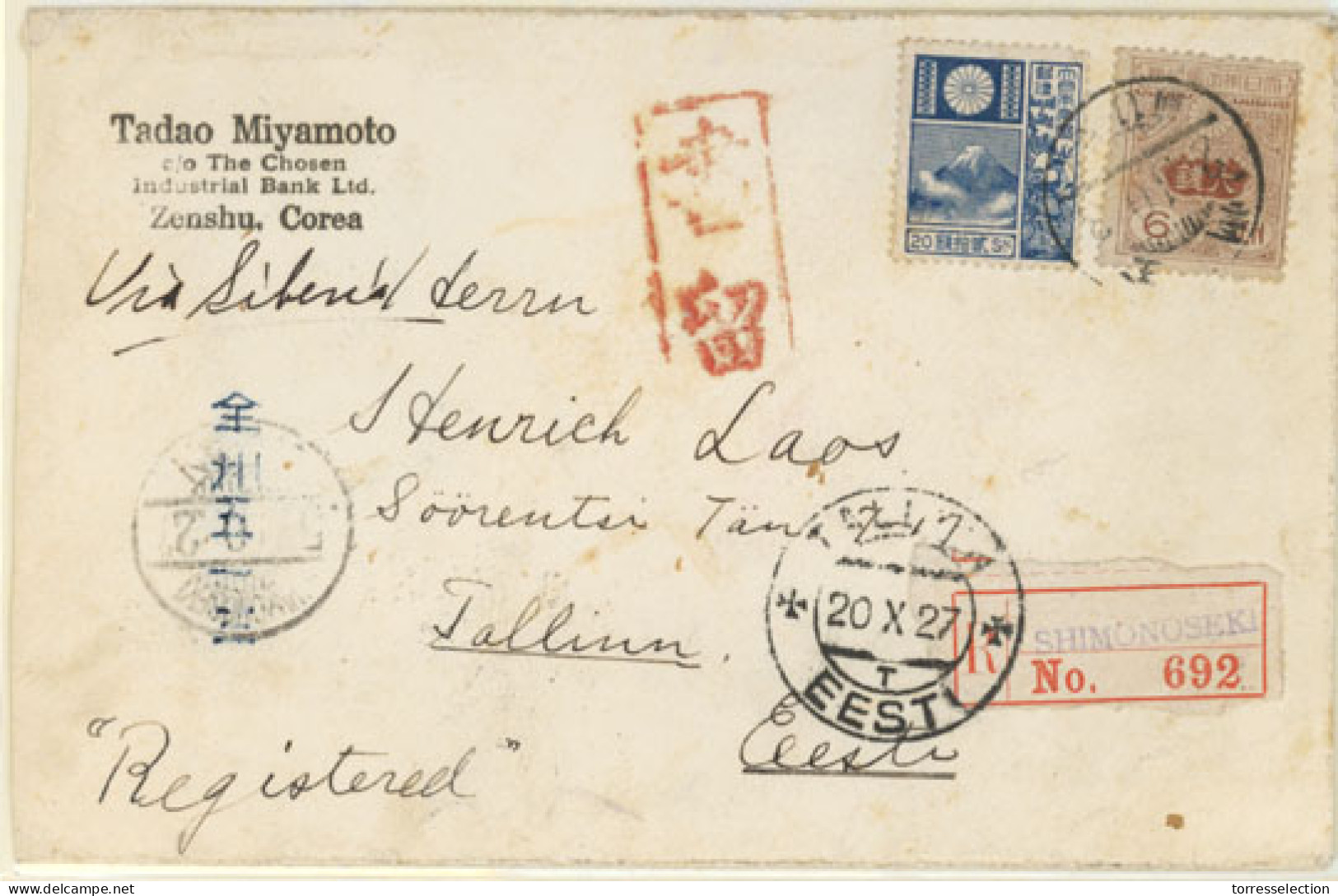 KOREA. 1927. Zenshu To Tallinn/Estonia. Registered Envelope Franked Japanese Stamps (Sc. 134,175) Tied C.d.s., Red Chop  - Corée (...-1945)