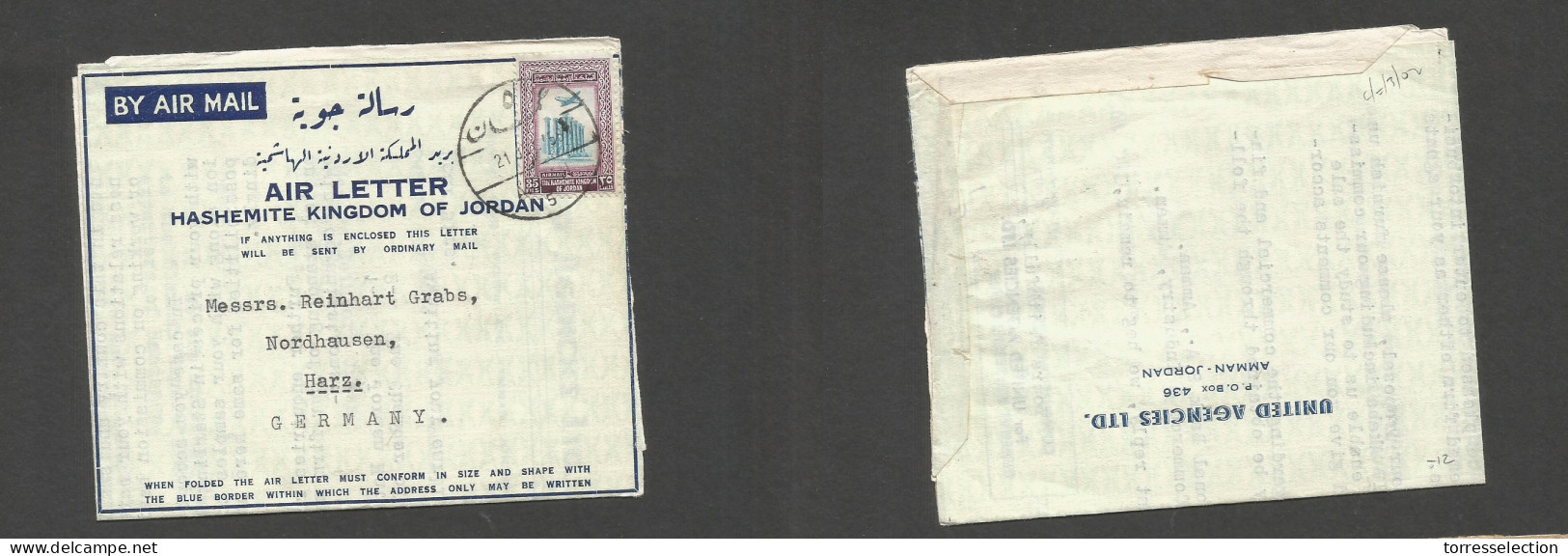 JORDAN. 1958 (19 July) Amman - Germany, Nordhausen, Harz. Air Fkd Lettersheet, At 35 Fils Rate With Full Contains. - Jordanien