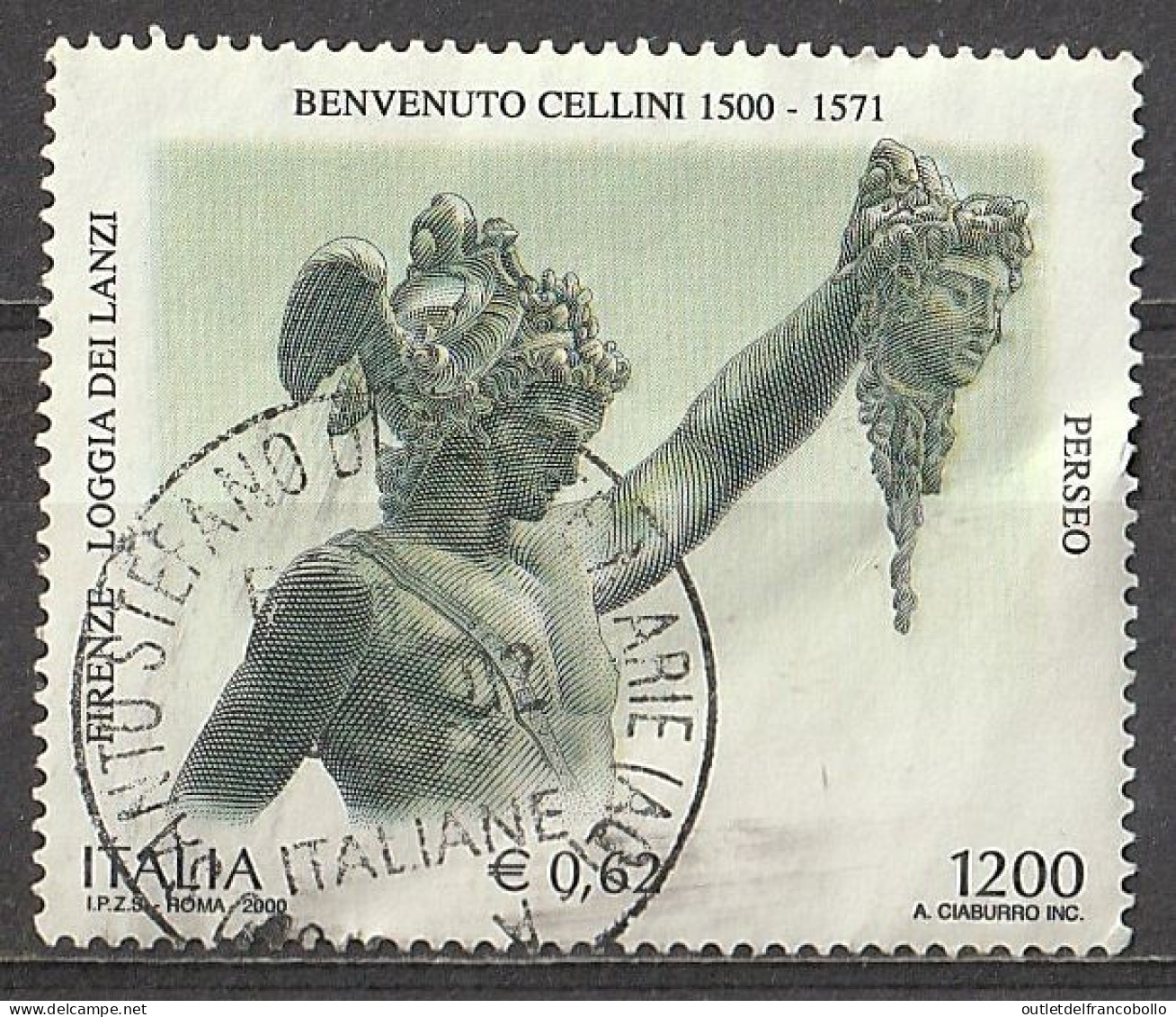 ITALIA REPUBBLICA 2000 - ARTE & CULTURA -B. CELLINI - 1.200L/0,62€.. - 1v. USATO - (1433) - 2001-10: Usados