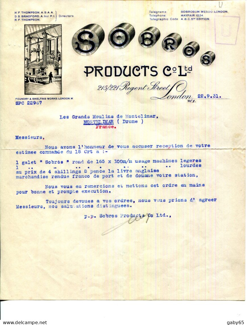 FACTURE.ROYAUME-UNI.LONDON.SOBROS PRODUCTS Co.Ltd.215-221 REGENT STREET. - Ver. Königreich