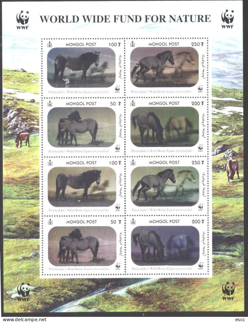 Mint Stamps In Miniature Sheet Holograms Fauna WWF Horses 2000  From Mongolia - Nuevos