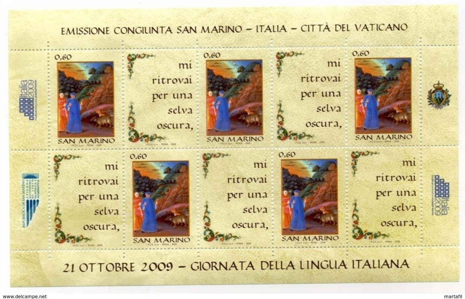 2009 San Marino GIORNATA DELLA LINGUA ITALIANA BF MNH ** Dante Alighieri - Blokken & Velletjes