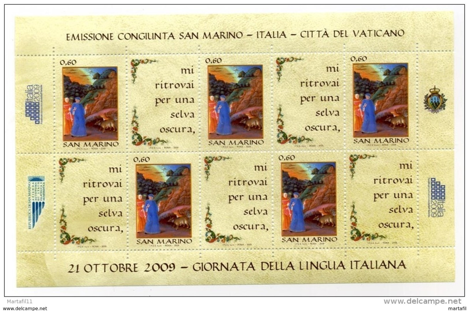 2009 San Marino GIORNATA DELLA LINGUA ITALIANA BF MNH ** Dante Alighieri - Hojas Bloque