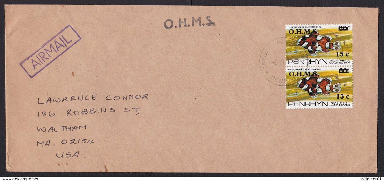 Penrhyn: Airmail Cover To USA, 2 Stamps,  Fish, Sea Animal, Value Overprint, OHMS, Official Service (minor Stain) - Penrhyn