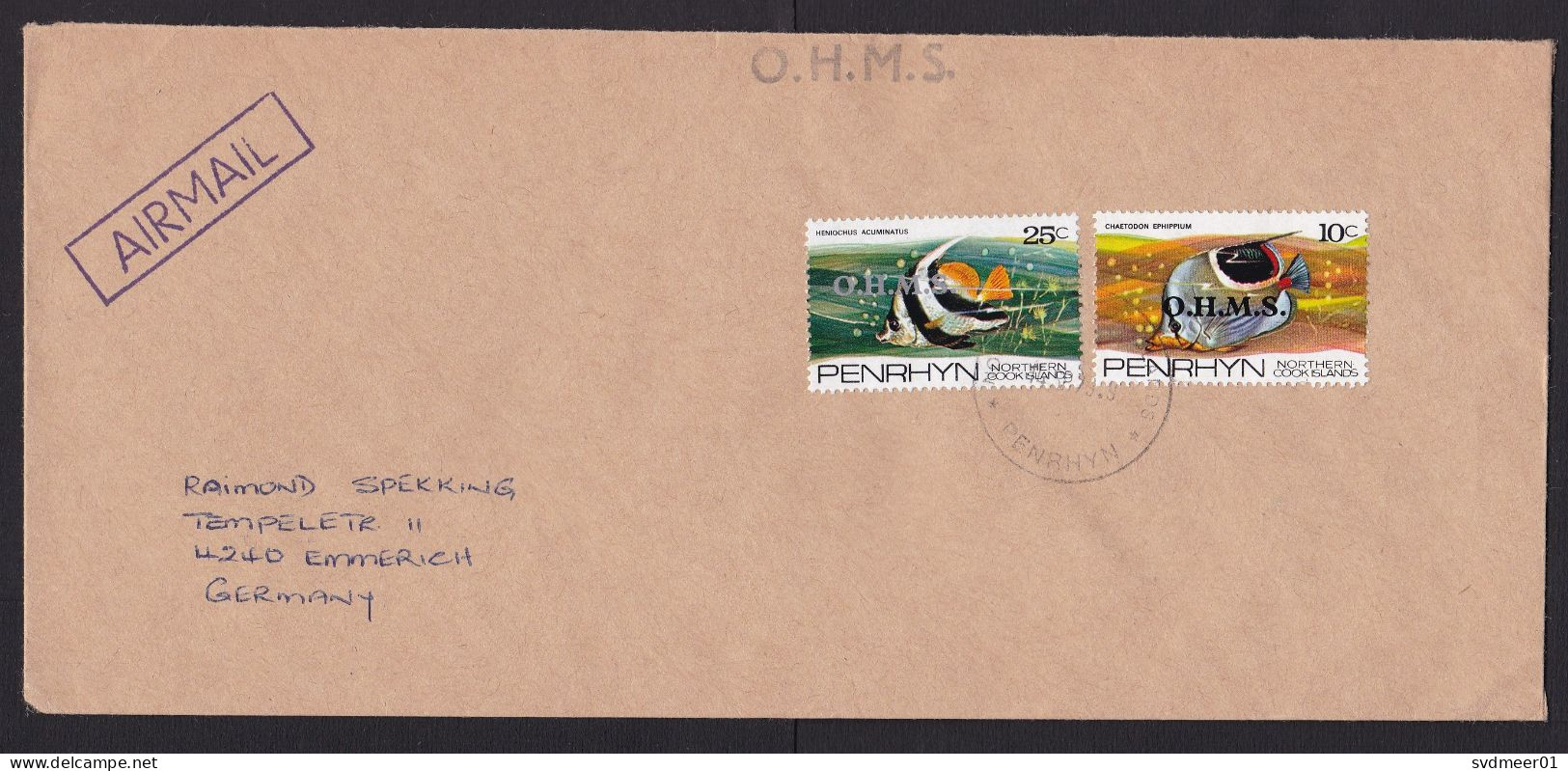 Penrhyn: Airmail Cover To Germany, 2 Stamps, Fish, Sea Animal, Overprint OHMS, Official Service (traces Of Use) - Penrhyn