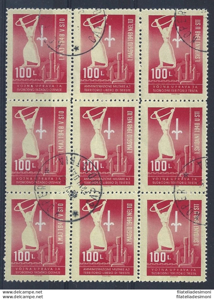 1948 TRIESTE B, Primo Maggio , N° 1/3 , Blocco Di 9 Usato (tre Serie) - Andere & Zonder Classificatie