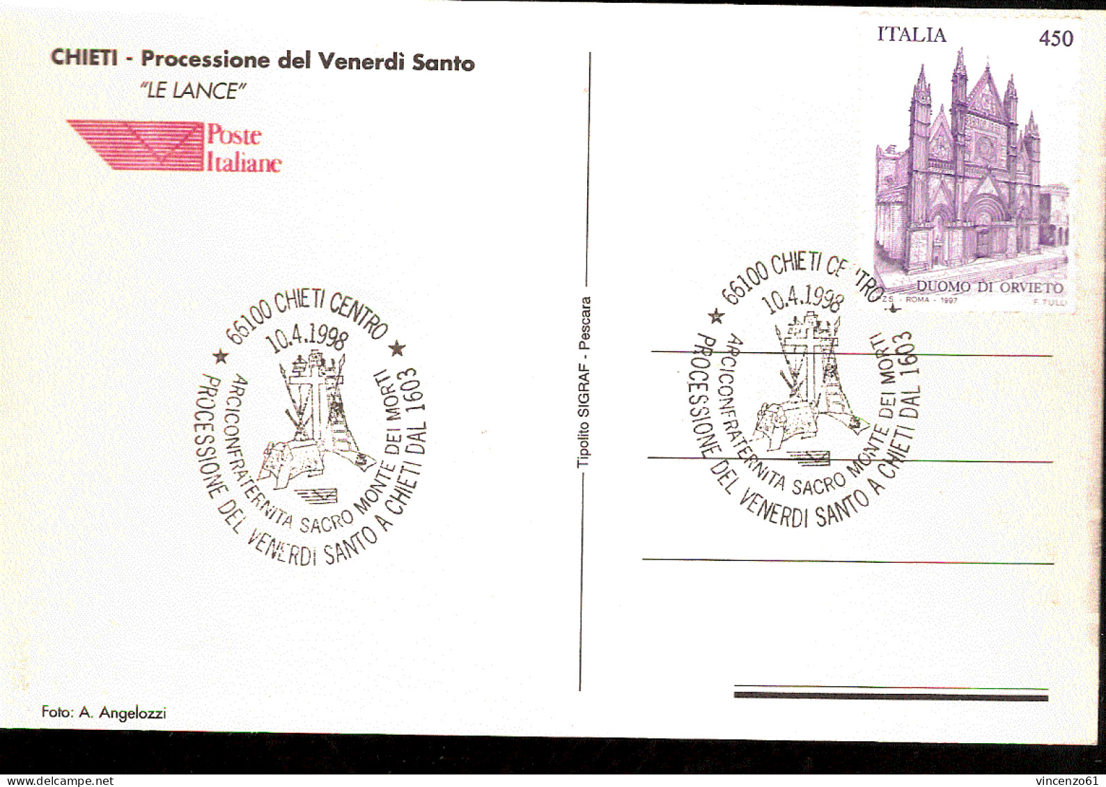 CARTOLINA CON ANNULLO SPECIALE ARCICONFRATERNITA SACRO MONTE DEI MORTI PROCESSIONE DEL VENERDI' SANTO A CHIETI DAL 1603 - Cristianismo