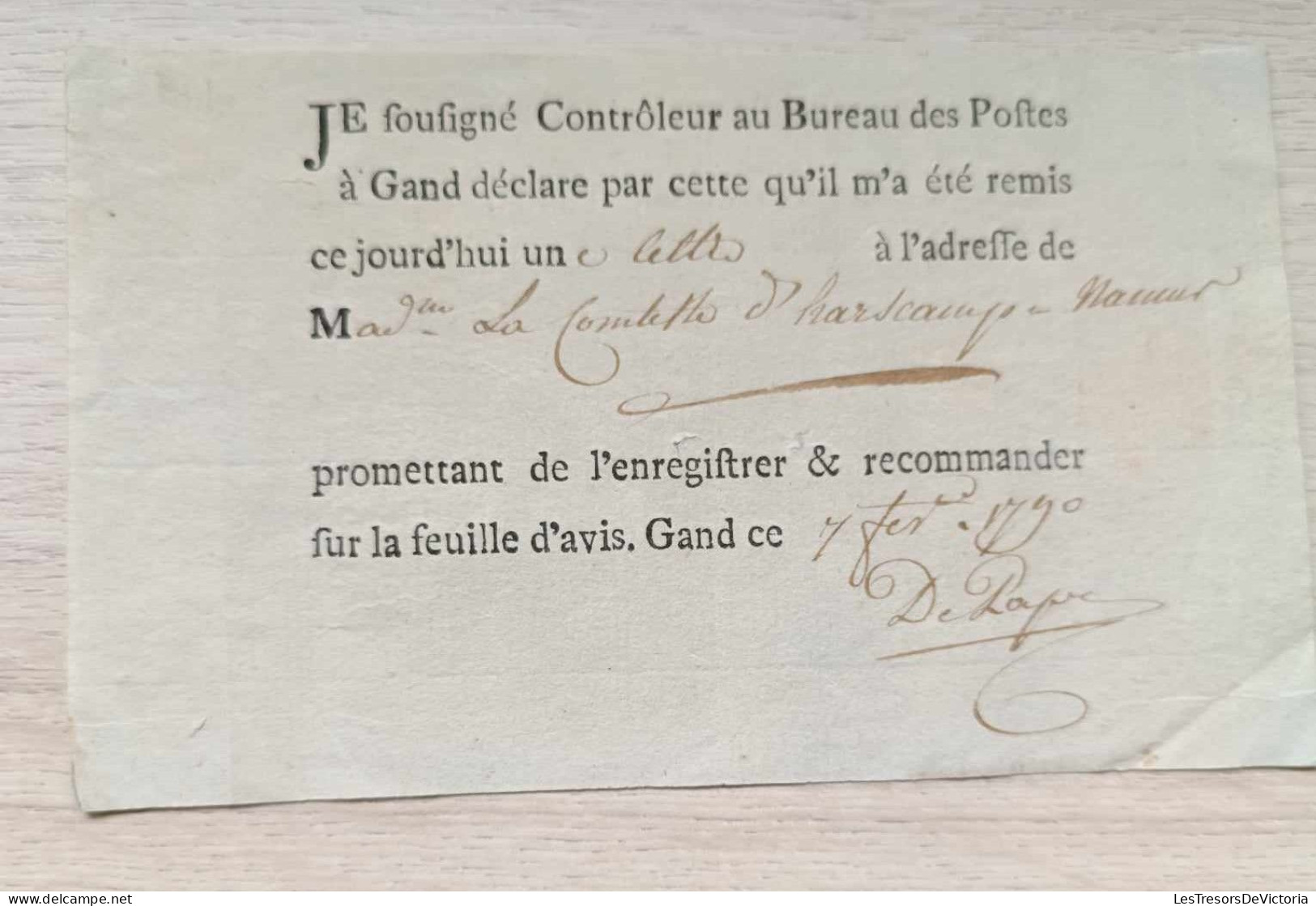 Billet De Contrôleur Des Postes De Gand - 7 Février 1790 - La Comtesse D'Harscamp Namur - 1789-1790 (Brabantse Omwenteling)