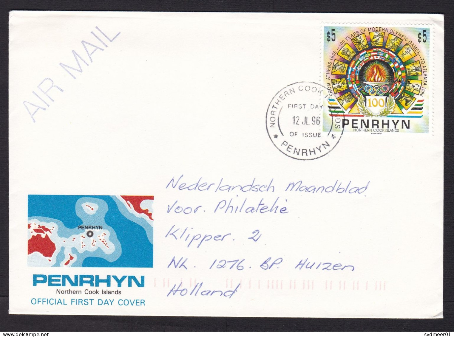 Penrhyn: Airmail Cover To Netherlands, 1996, 1 Stamp, Olympics, Flag, Sports, First Day Cancel (traces Of Use) - Penrhyn