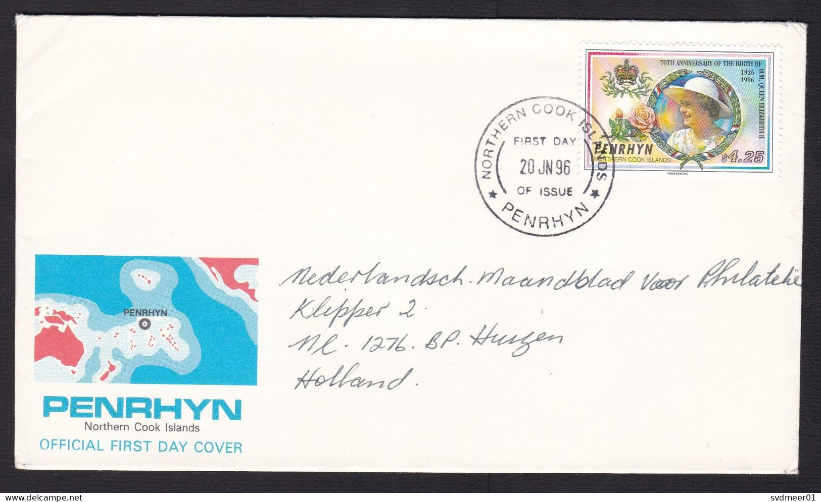 Penrhyn: Cover To Netherlands, 1996, 1 Stamp, Anniversary Queen Elizabeth, Rose Flower, First Day Cancel (traces Of Use) - Penrhyn