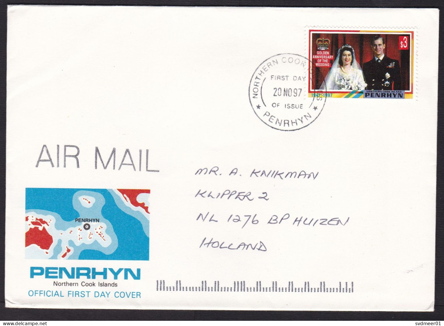 Penrhyn: Cover To Netherlands, 1997, 1 Stamp, Wedding Queen Elizabeth & Prince Philip, First Day Cancel (tape At Back) - Penrhyn