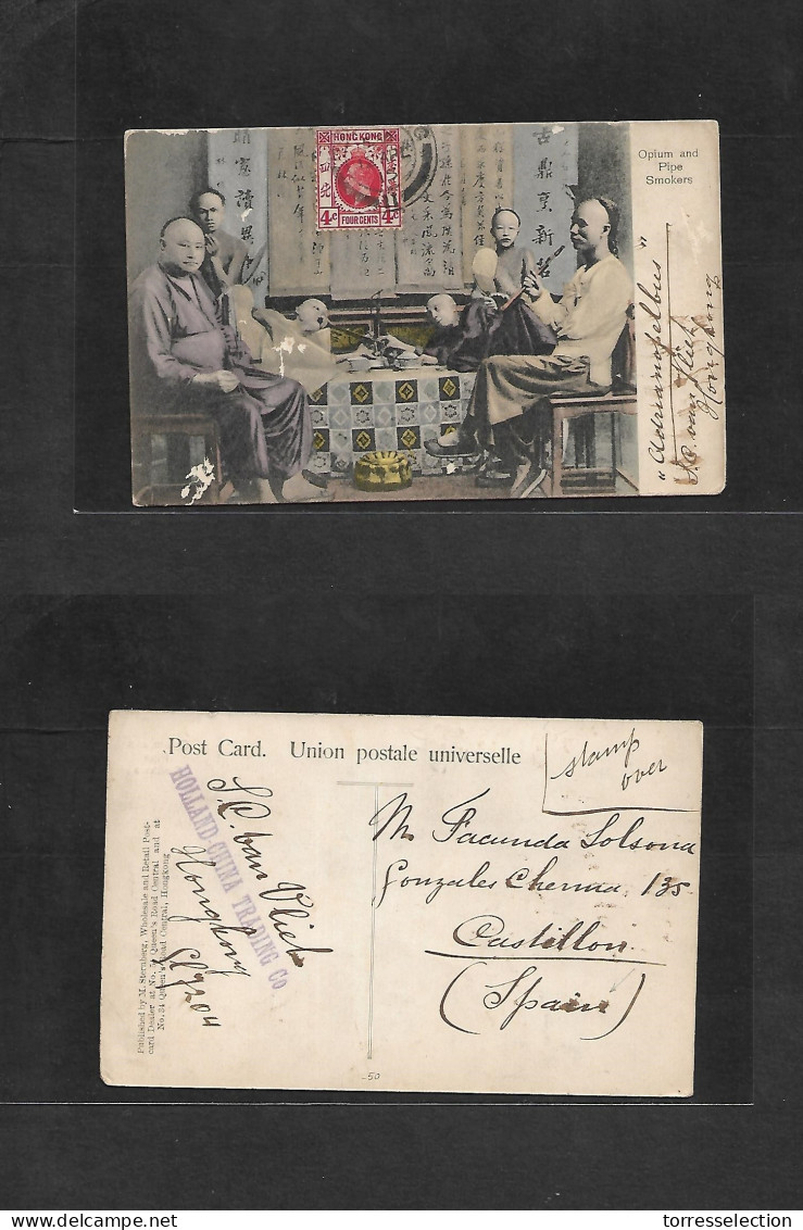 HONG KONG. 1915 (12 Apr) HK - Spain, Castellon De La Plana, HK Opium Card To Tiny Spanish Coastal Village. Fine Card Ver - Other & Unclassified