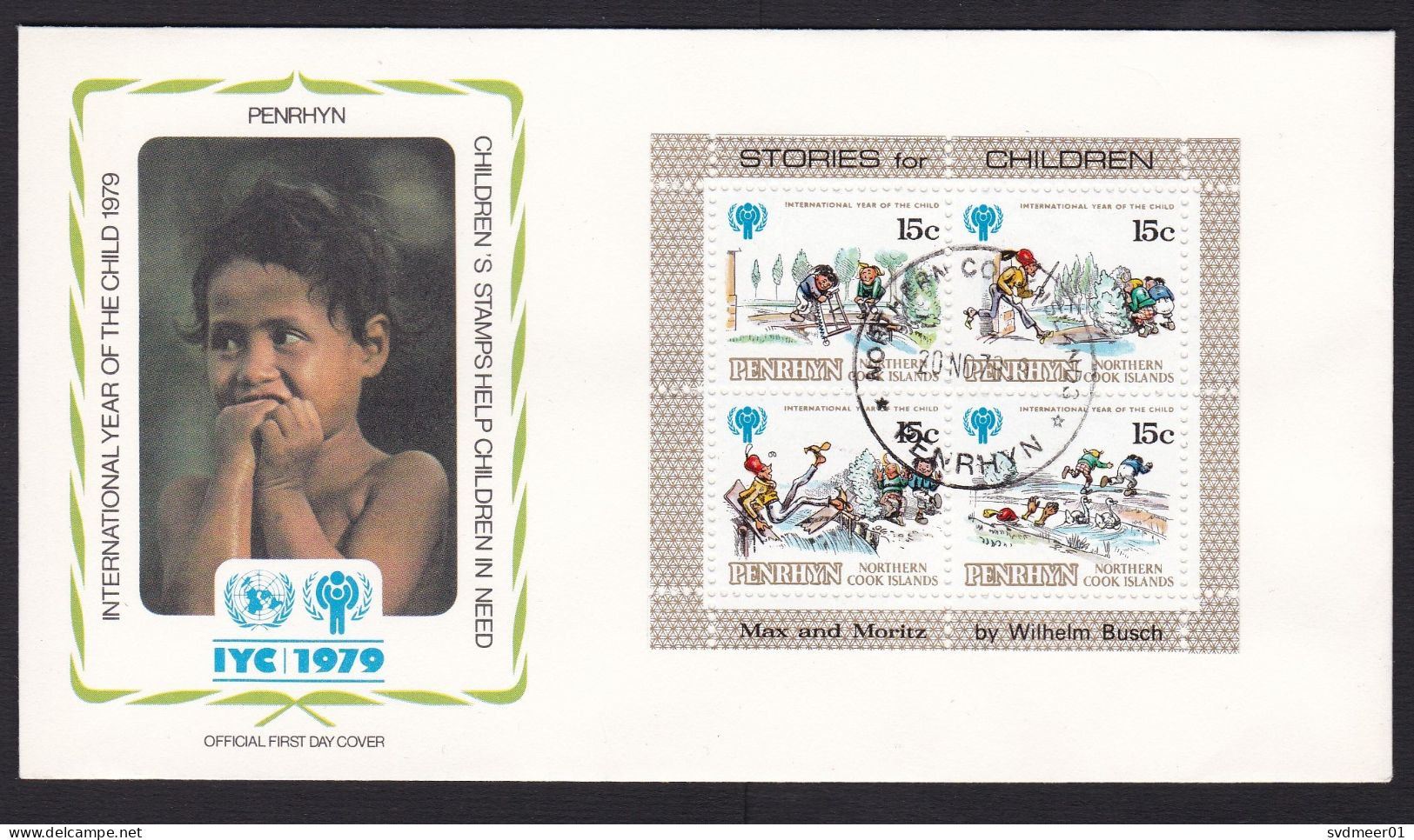 Penrhyn: FDC First Day Cover, 1979, 4 Stamps, Mini Sheet, Year Of Child, Children, Max & Moritz, Cartoon (traces Of Use) - Penrhyn