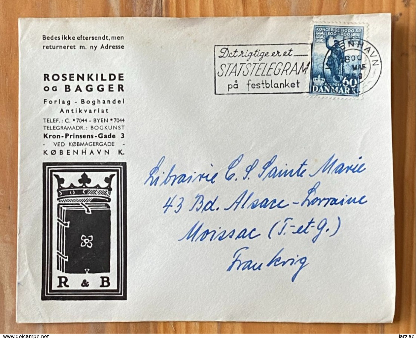 Enveloppe Commerciale Affranchie Danemark Pour Moissac Oblitération Copenhague Flamme Statstelegram 1958 - Storia Postale