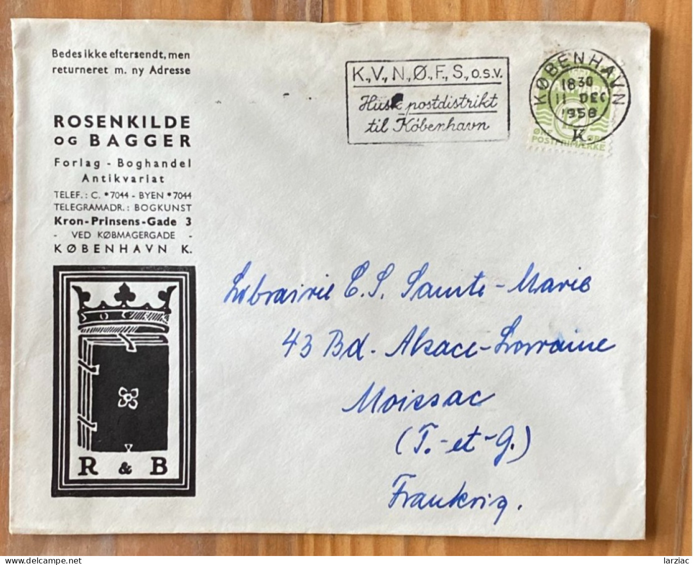 Enveloppe Commerciale Affranchie Danemark Pour Moissac Oblitération Copenhague Flamme KVNOFS 1958 - Briefe U. Dokumente