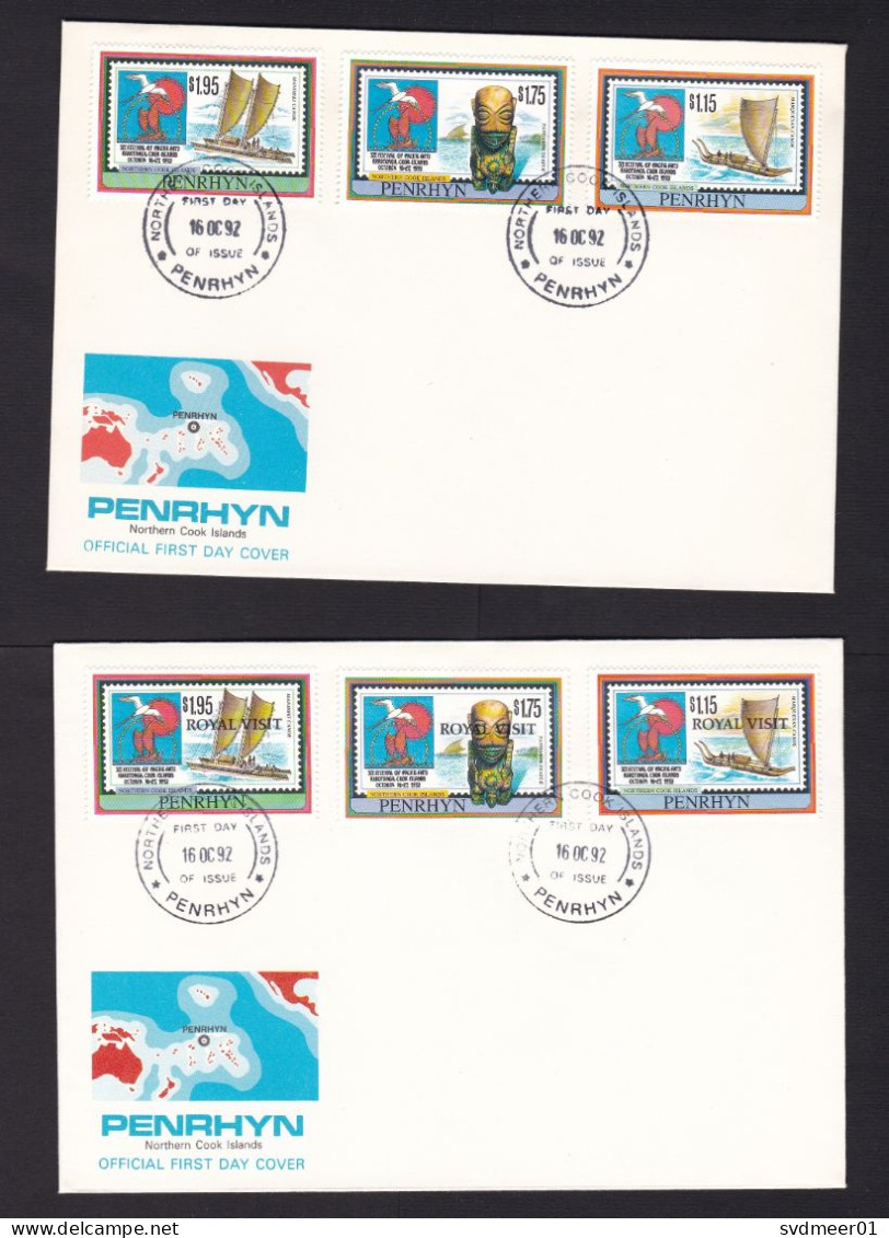 Penrhyn: 2x FDC First Day Cover, 1992, 3 Stamps Each, History, Heritage, 1x Overprint Royal Visit (traces Of Use) - Penrhyn