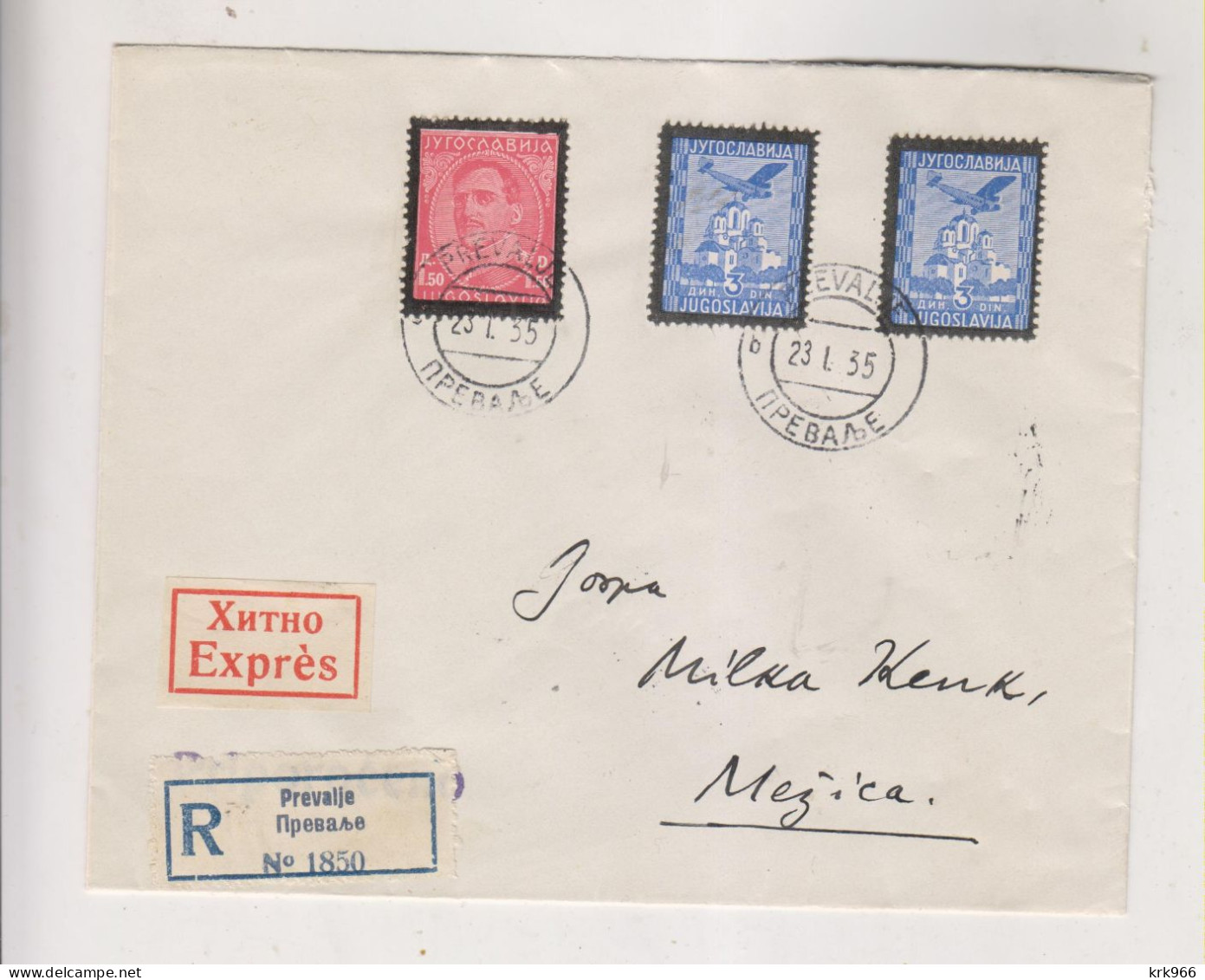 YUGOSLAVIA 1935 PREVALJE Registered Priority  Cover To MEZICA - Covers & Documents