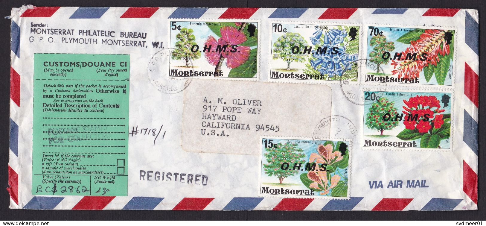 Montserrat: Registered Airmail Cover To USA, 1976, 5 Stamps, Flower, Overprint OHMS, C1 Customs Label (minor Damage) - Montserrat