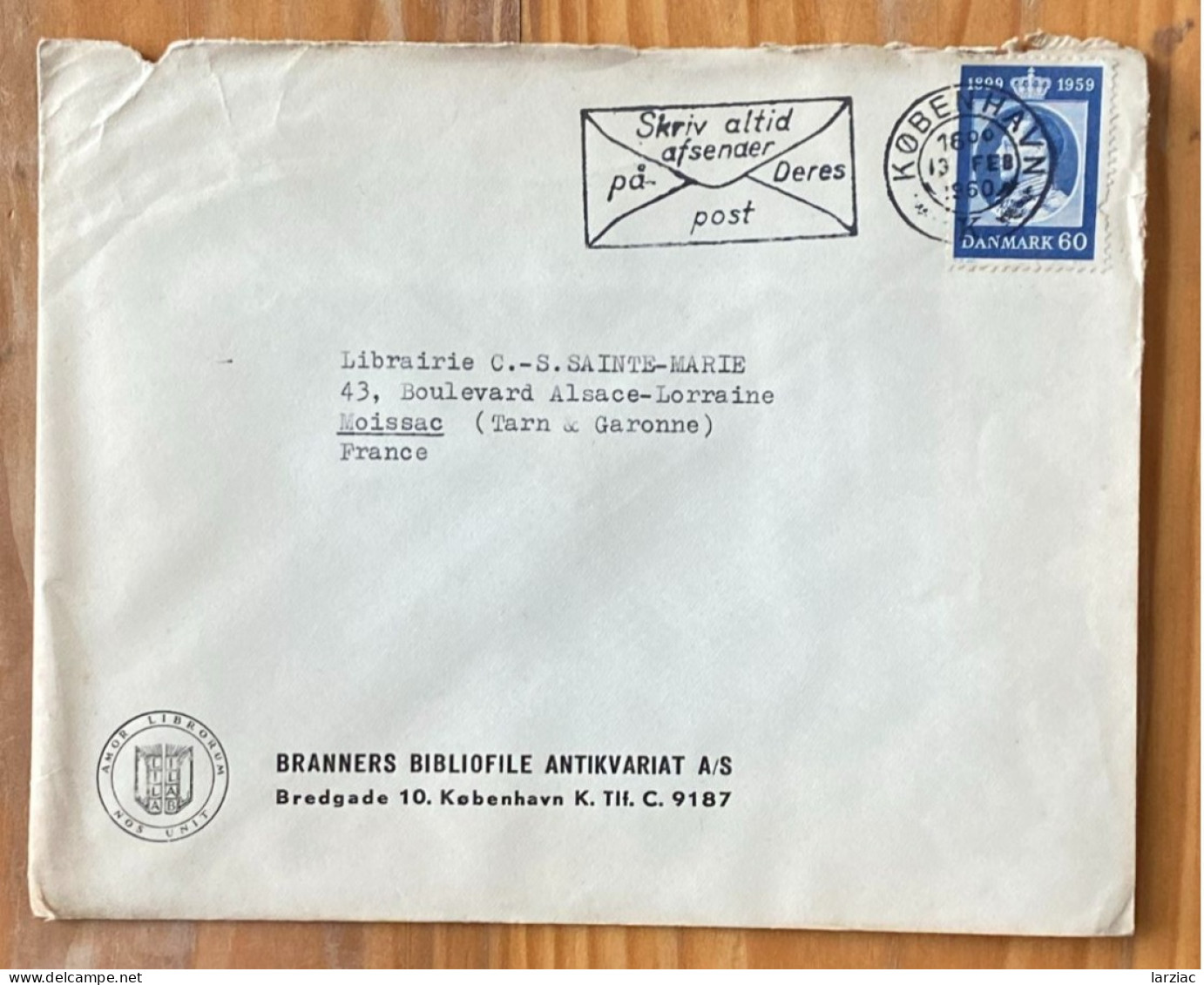 Enveloppe Commerciale Affranchie Danemark Pour Moissac Oblitération Copenhague Flamme Skriv Altid Afsenaer 1960 - Brieven En Documenten