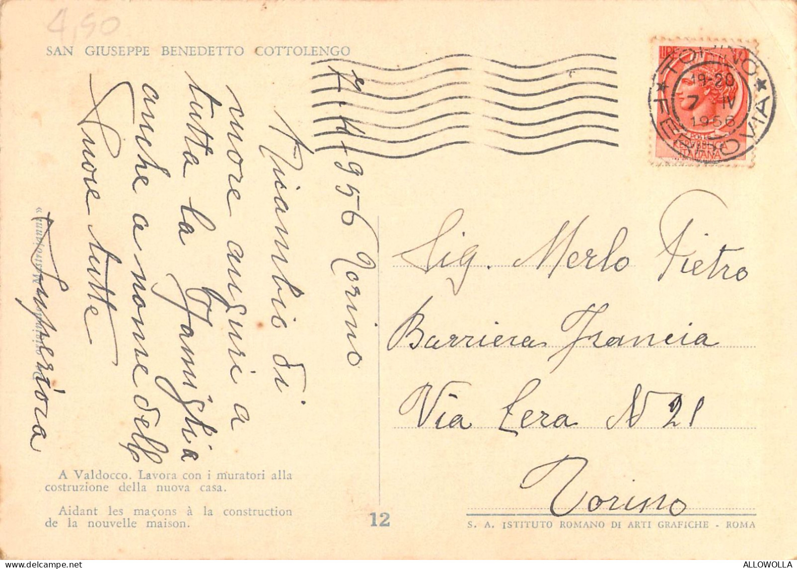 26420 "SAN GIUSEPPE BENEDETTO COTTOLENGO " -VERA FOTO-CART.SPED.1956 - Churches