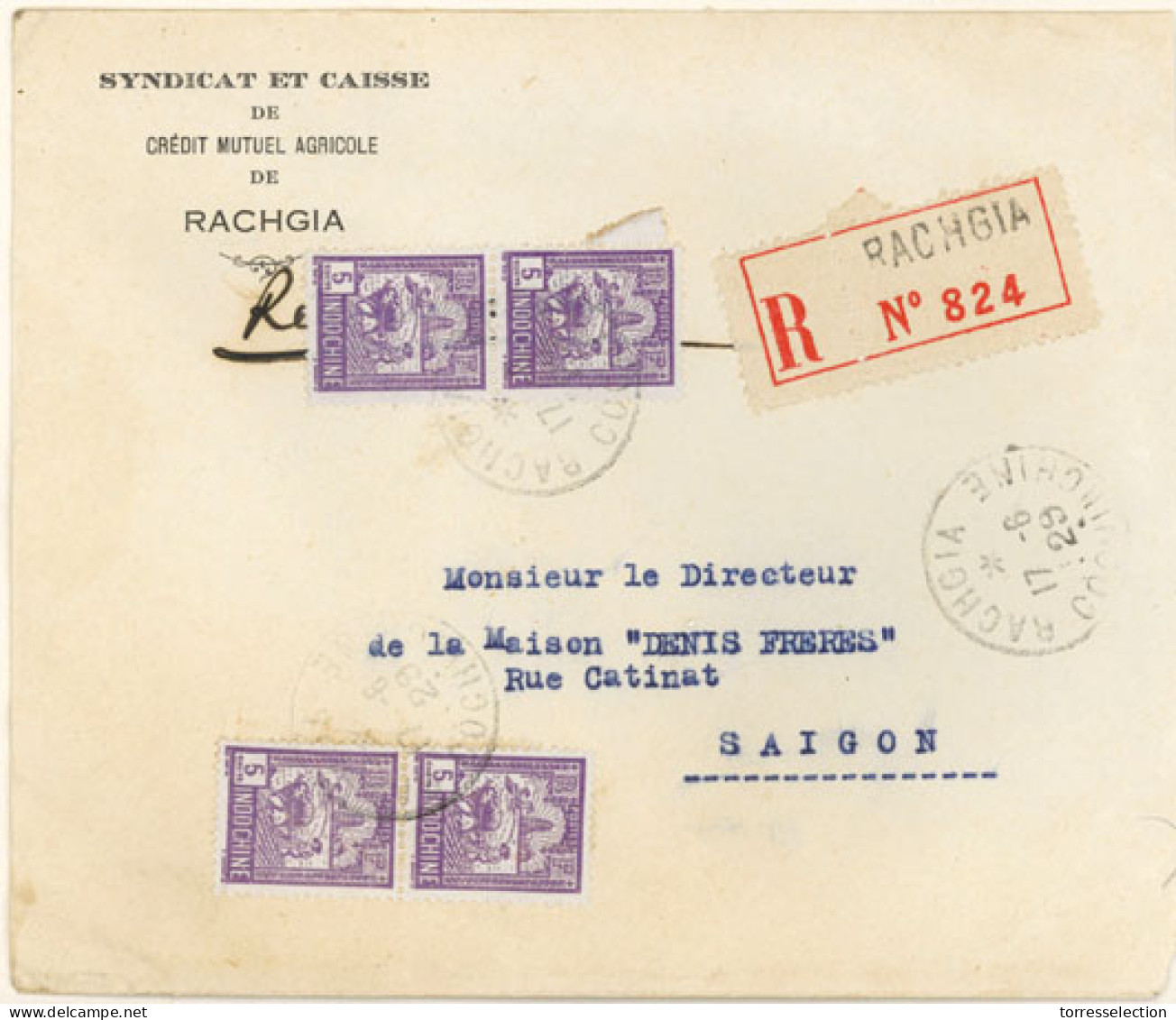 INDOCHINA. 1929. Rachgia To Saigon. Local Registered Frkd. (4 Stamps) Env. VF. - Autres - Asie