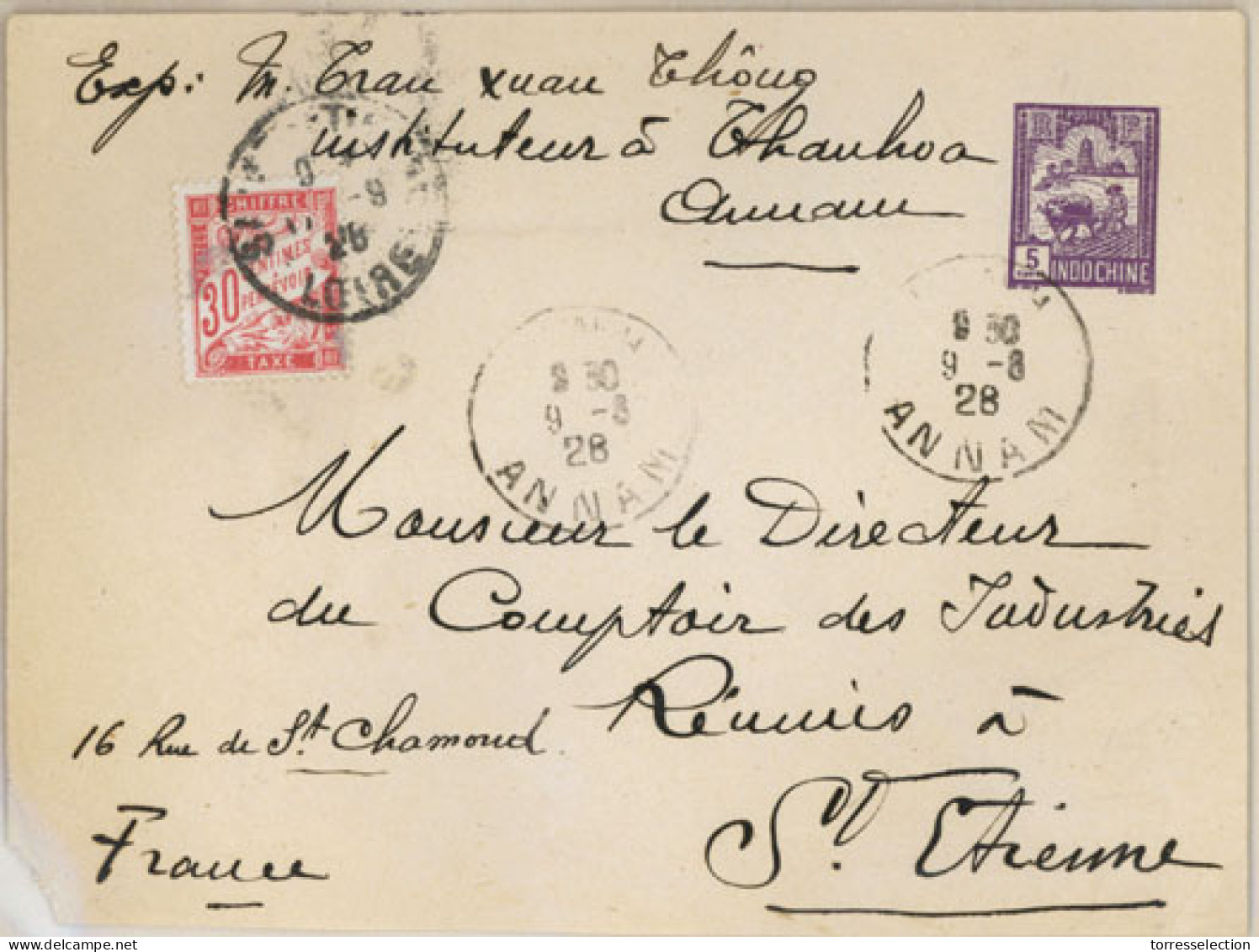 INDOCHINA. 1928. Annan To France. Stat.env. Taxed French Postage Due/Tied. - Autres - Asie