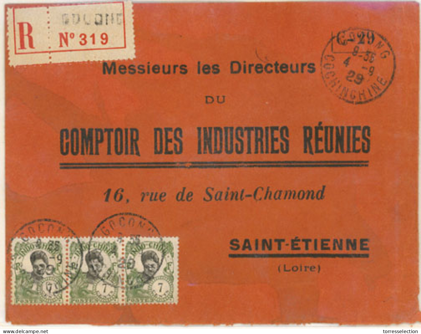 INDOCHINA. 1929. Cocong To France. Registered Frkd Strip Of Three Env. F. - Autres - Asie